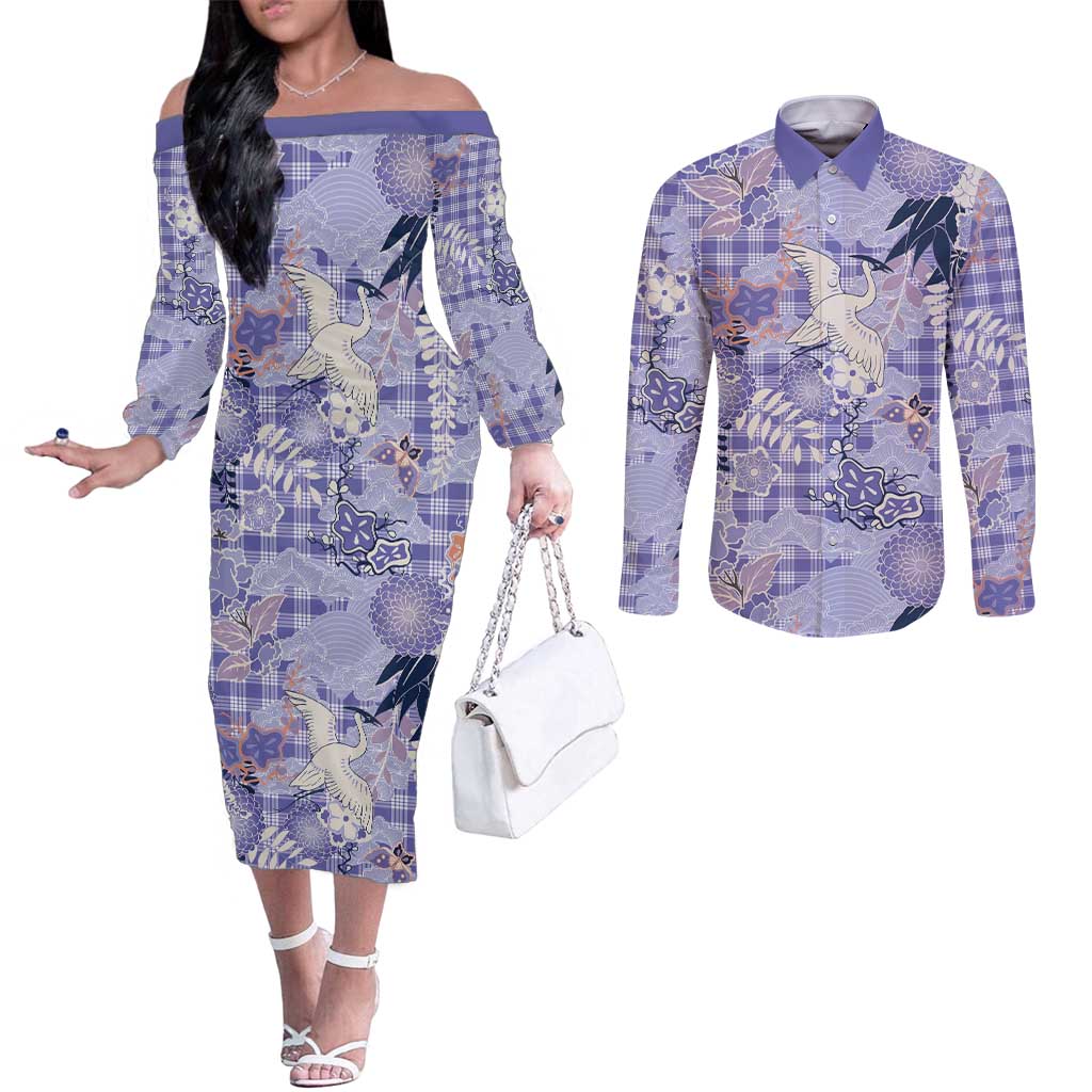 Purple Palaka Crane and Flowers Couples Matching Off The Shoulder Long Sleeve Dress and Long Sleeve Button Shirt Japan Heritage Spirit - Polynesian Pride