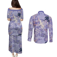 Purple Palaka Crane and Flowers Couples Matching Puletasi and Long Sleeve Button Shirt Japan Heritage Spirit - Polynesian Pride