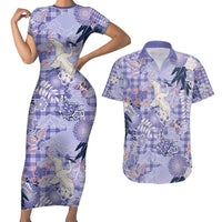 Purple Palaka Crane and Flowers Couples Matching Short Sleeve Bodycon Dress and Hawaiian Shirt Japan Heritage Spirit - Polynesian Pride