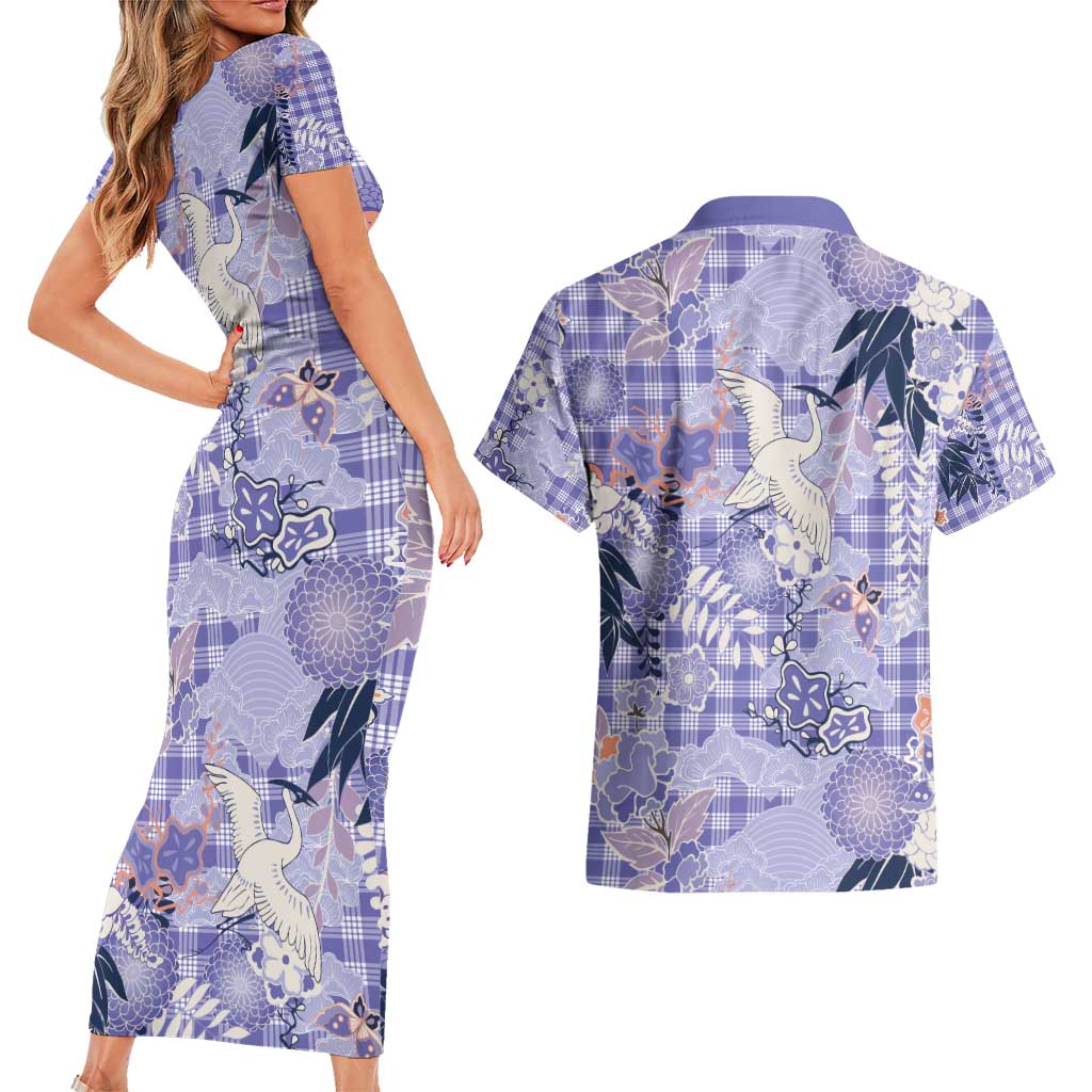 Purple Palaka Crane and Flowers Couples Matching Short Sleeve Bodycon Dress and Hawaiian Shirt Japan Heritage Spirit - Polynesian Pride