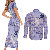 Purple Palaka Crane and Flowers Couples Matching Short Sleeve Bodycon Dress and Long Sleeve Button Shirt Japan Heritage Spirit - Polynesian Pride
