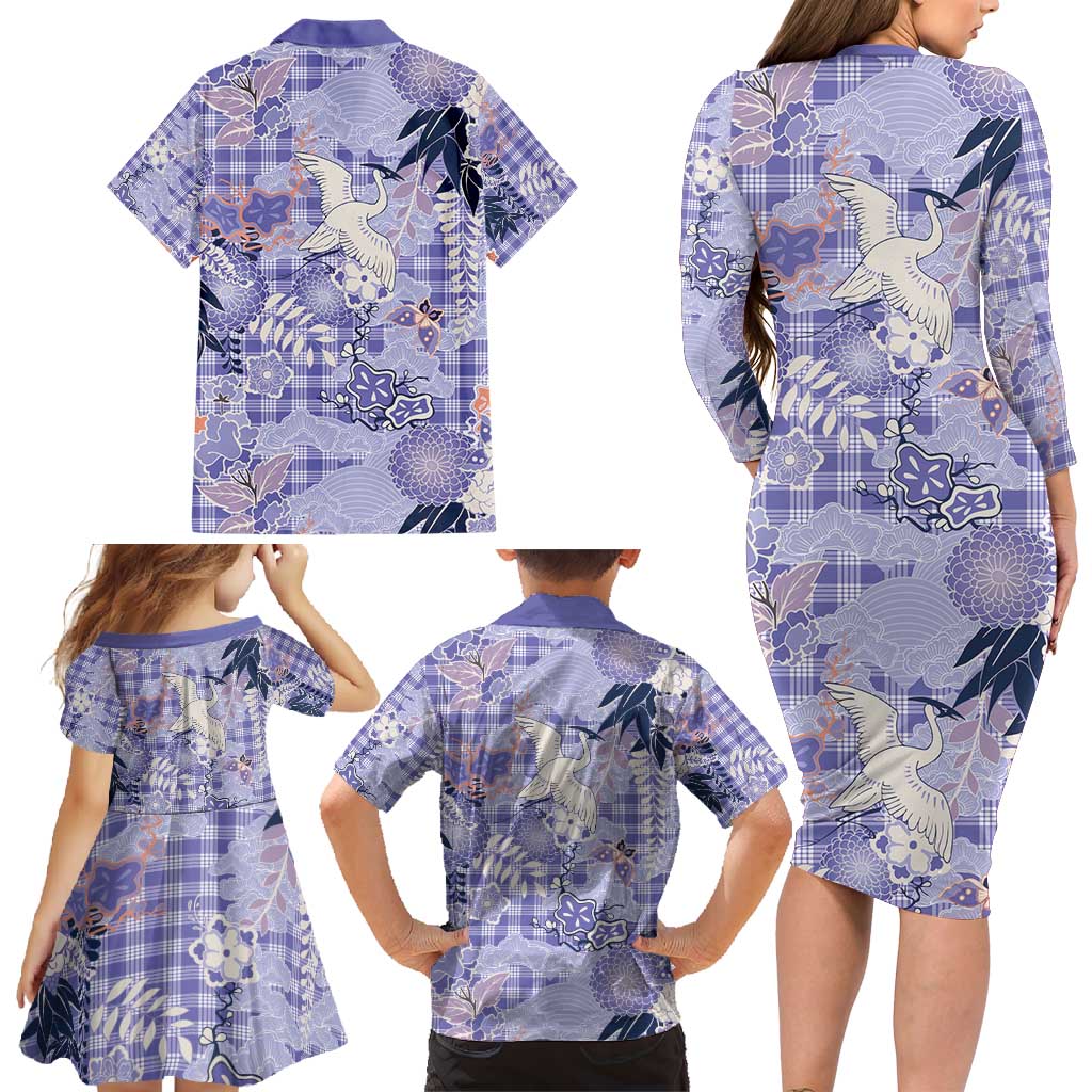 Purple Palaka Crane and Flowers Family Matching Long Sleeve Bodycon Dress and Hawaiian Shirt Japan Heritage Spirit - Polynesian Pride