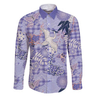 Purple Palaka Crane and Flowers Family Matching Long Sleeve Bodycon Dress and Hawaiian Shirt Japan Heritage Spirit - Polynesian Pride