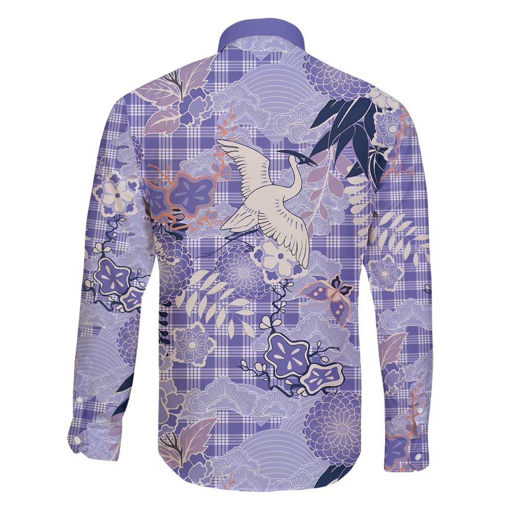 Purple Palaka Crane and Flowers Family Matching Long Sleeve Bodycon Dress and Hawaiian Shirt Japan Heritage Spirit - Polynesian Pride