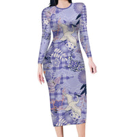 Purple Palaka Crane and Flowers Family Matching Long Sleeve Bodycon Dress and Hawaiian Shirt Japan Heritage Spirit - Polynesian Pride