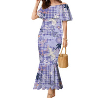 Purple Palaka Crane and Flowers Family Matching Mermaid Dress and Hawaiian Shirt Japan Heritage Spirit - Polynesian Pride