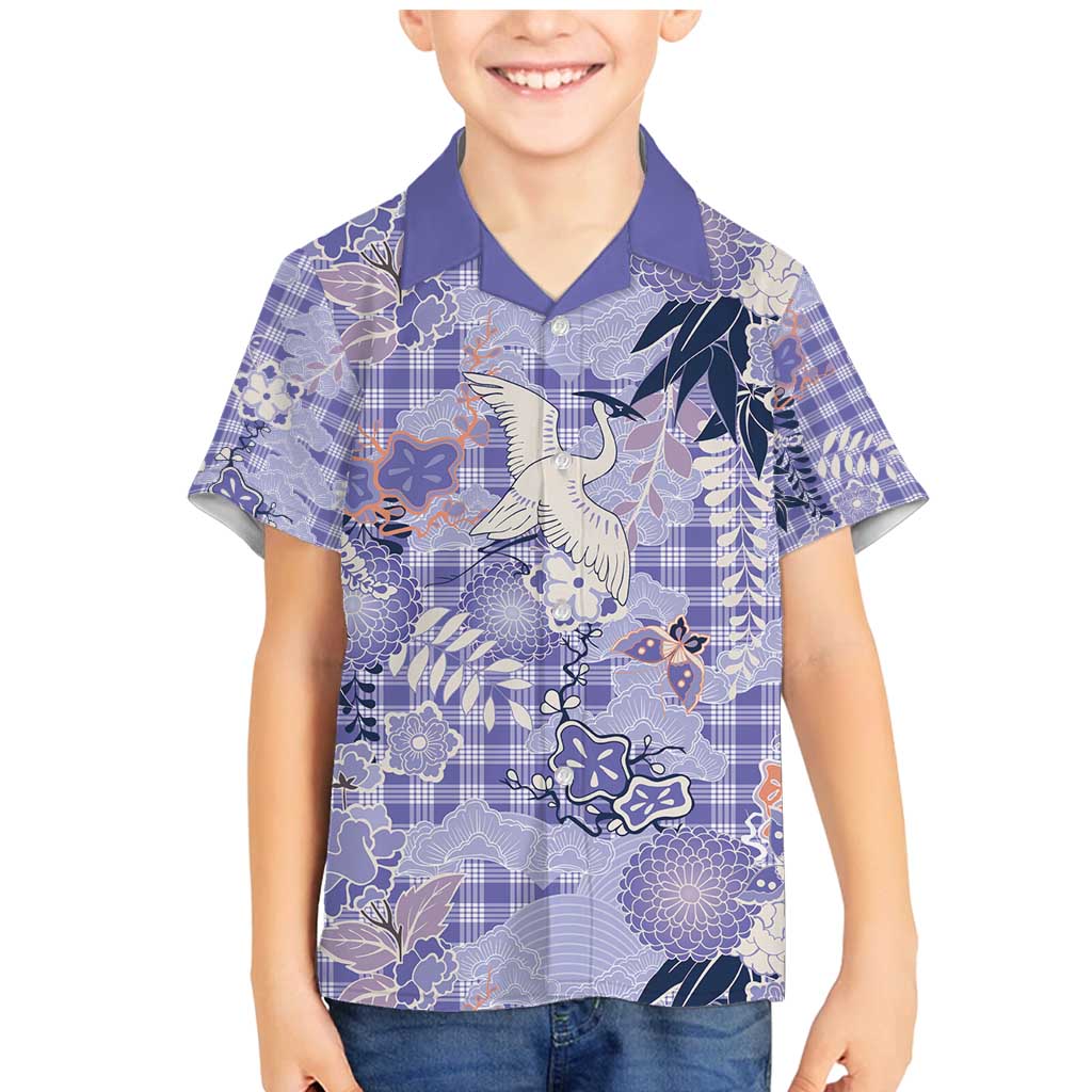 Purple Palaka Crane and Flowers Family Matching Mermaid Dress and Hawaiian Shirt Japan Heritage Spirit - Polynesian Pride