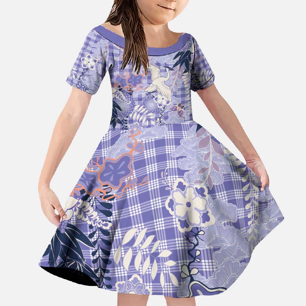 Purple Palaka Crane and Flowers Family Matching Off Shoulder Maxi Dress and Hawaiian Shirt Japan Heritage Spirit - Polynesian Pride