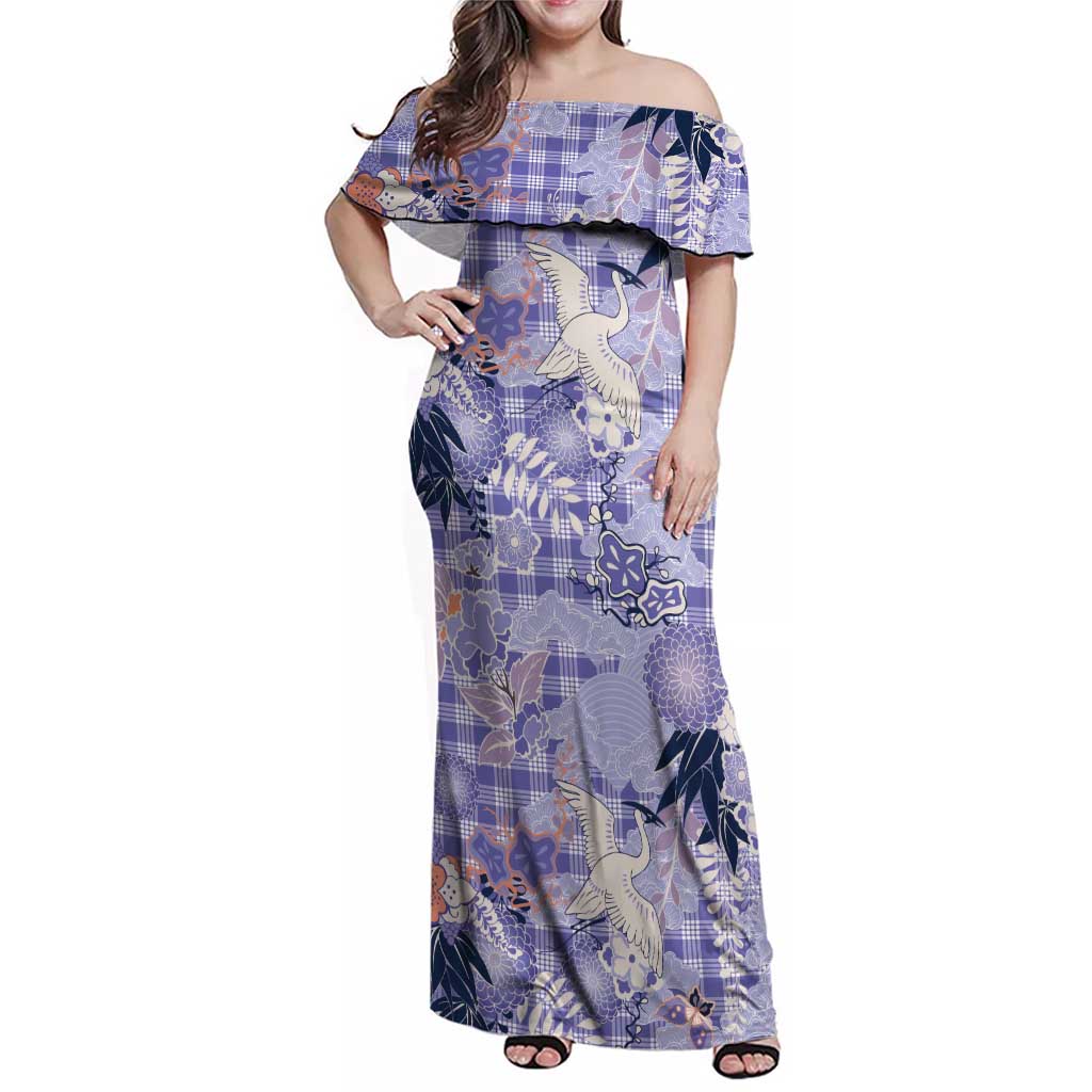 Purple Palaka Crane and Flowers Family Matching Off Shoulder Maxi Dress and Hawaiian Shirt Japan Heritage Spirit - Polynesian Pride