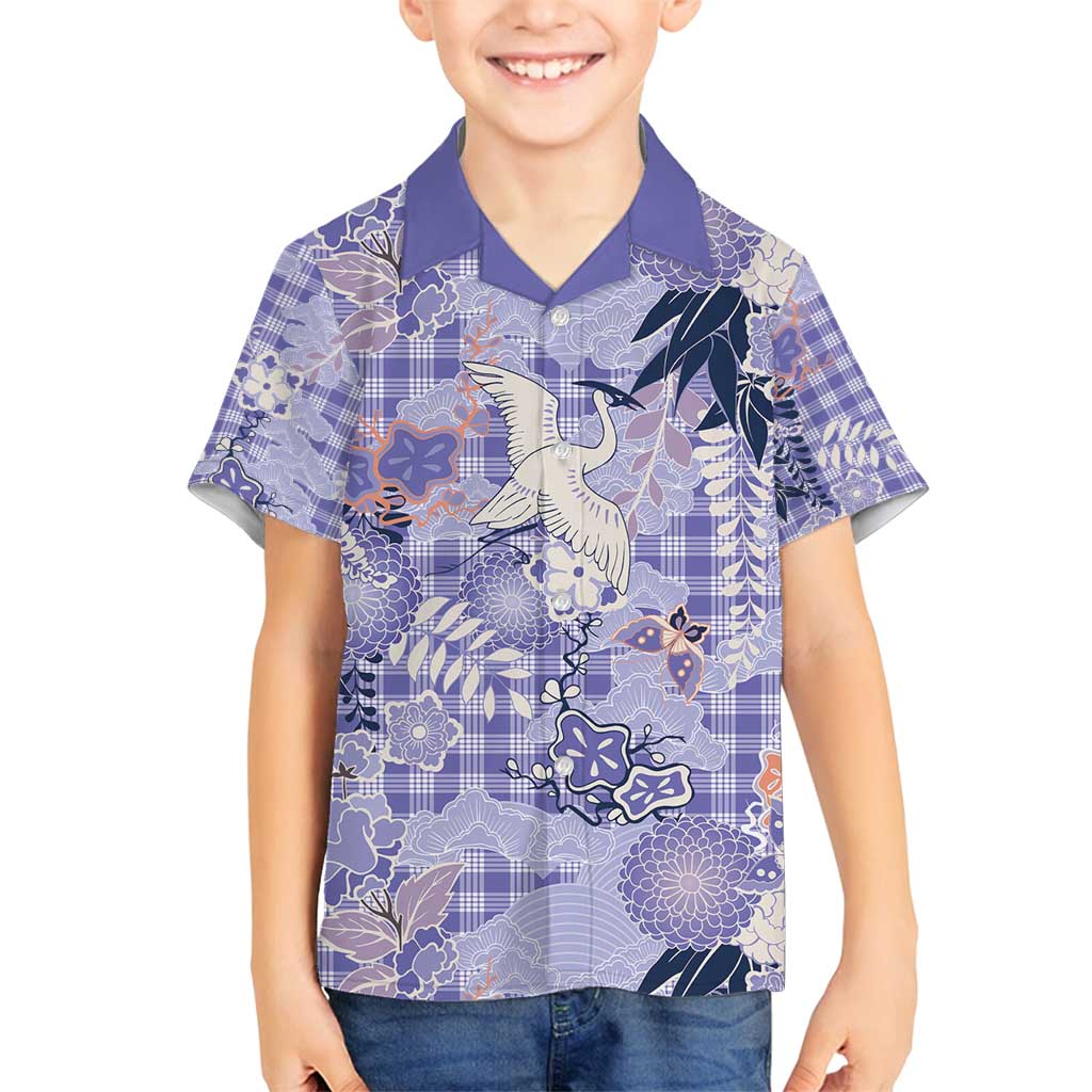 Purple Palaka Crane and Flowers Family Matching Off Shoulder Short Dress and Hawaiian Shirt Japan Heritage Spirit - Polynesian Pride