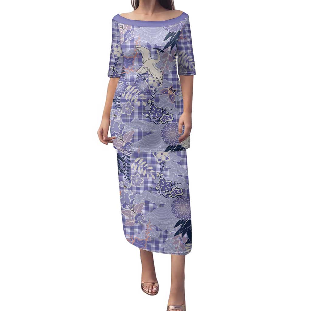 Purple Palaka Crane and Flowers Family Matching Puletasi and Hawaiian Shirt Japan Heritage Spirit - Polynesian Pride