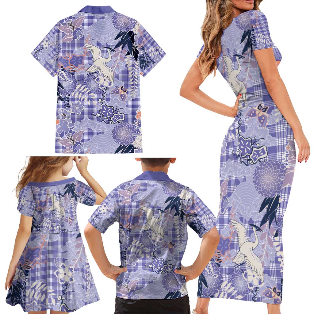 Purple Palaka Crane and Flowers Family Matching Short Sleeve Bodycon Dress and Hawaiian Shirt Japan Heritage Spirit - Polynesian Pride