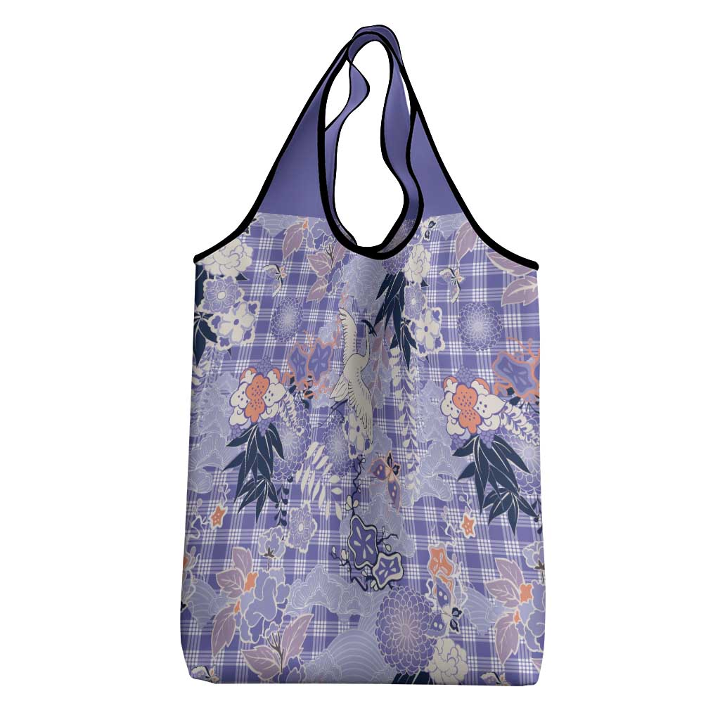 Purple Palaka Crane and Flowers Grocery Bag Japan Heritage Spirit - Polynesian Pride