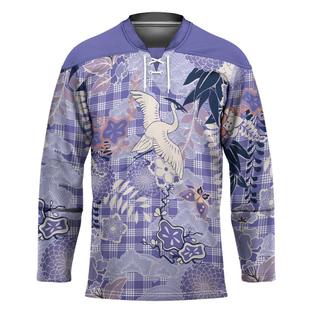 Purple Palaka Crane and Flowers Hockey Jersey Japan Heritage Spirit - Polynesian Pride