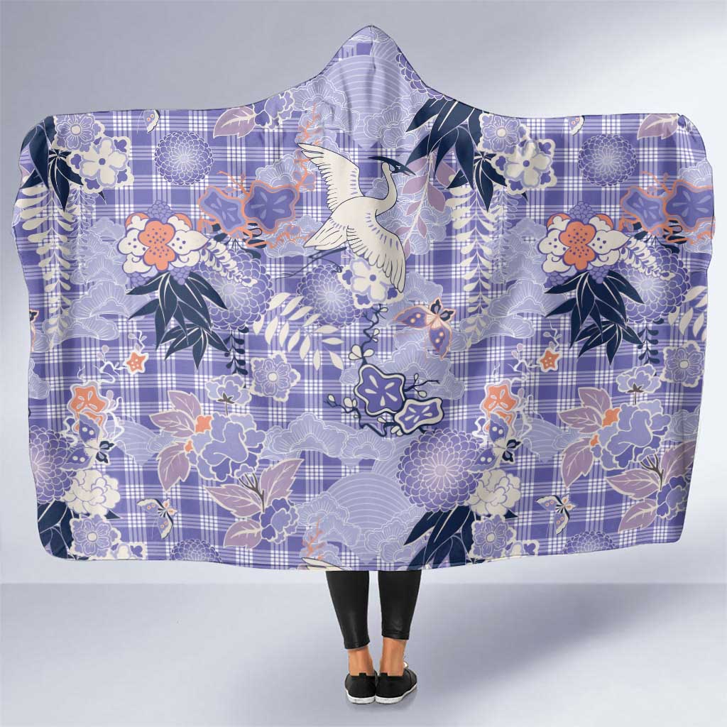 Purple Palaka Crane and Flowers Hooded Blanket Japan Heritage Spirit - Polynesian Pride