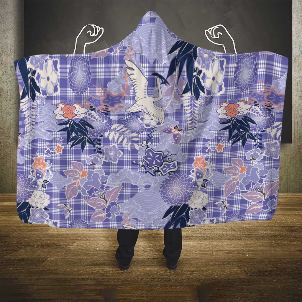 Purple Palaka Crane and Flowers Hooded Blanket Japan Heritage Spirit - Polynesian Pride