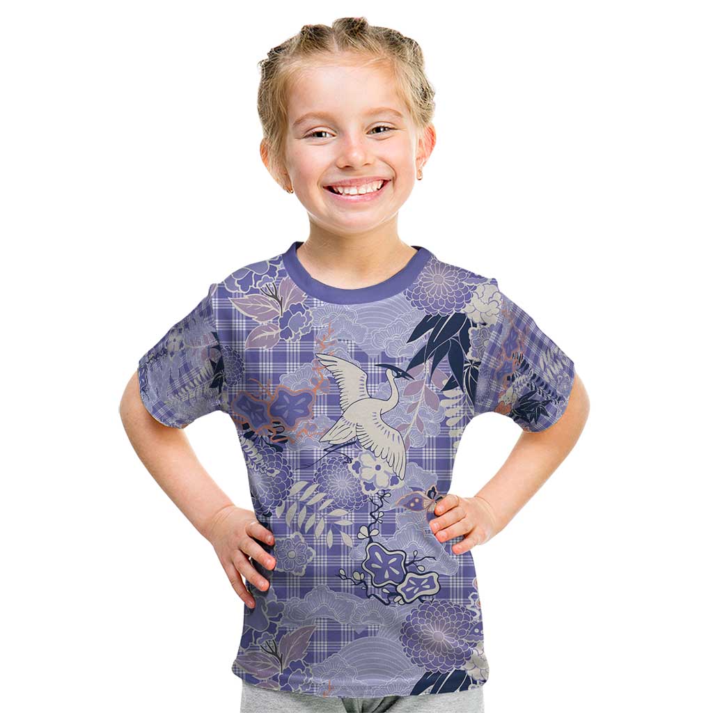 Purple Palaka Crane and Flowers Kid T Shirt Japan Heritage Spirit - Polynesian Pride