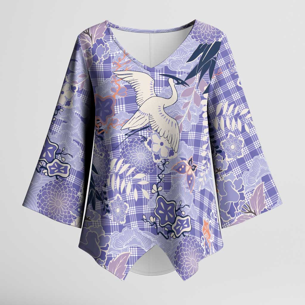 Purple Palaka Crane and Flowers Kimono Sleeve Blouse Japan Heritage Spirit - Polynesian Pride
