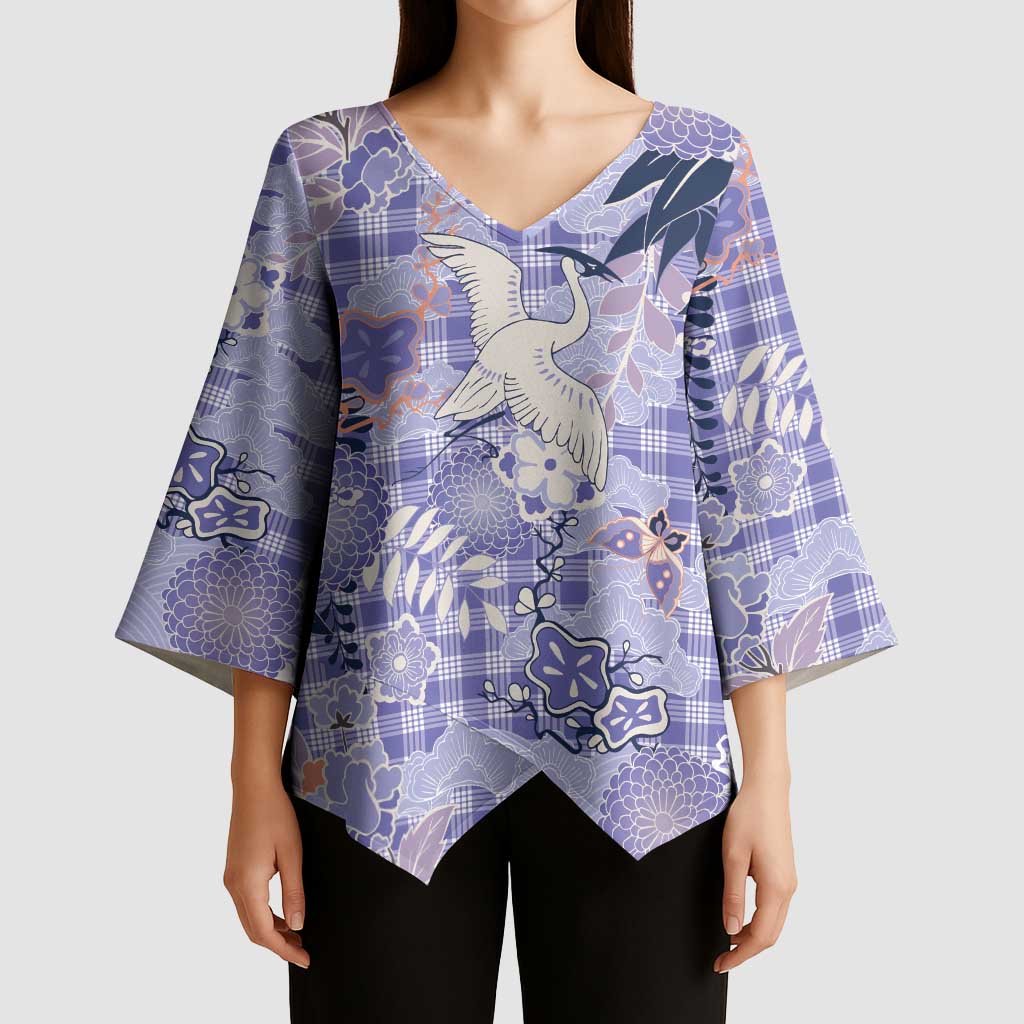 Purple Palaka Crane and Flowers Kimono Sleeve Blouse Japan Heritage Spirit - Polynesian Pride