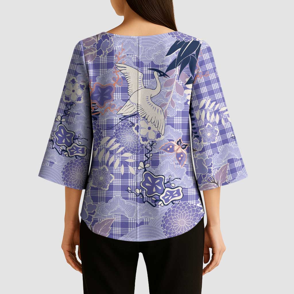 Purple Palaka Crane and Flowers Kimono Sleeve Blouse Japan Heritage Spirit - Polynesian Pride