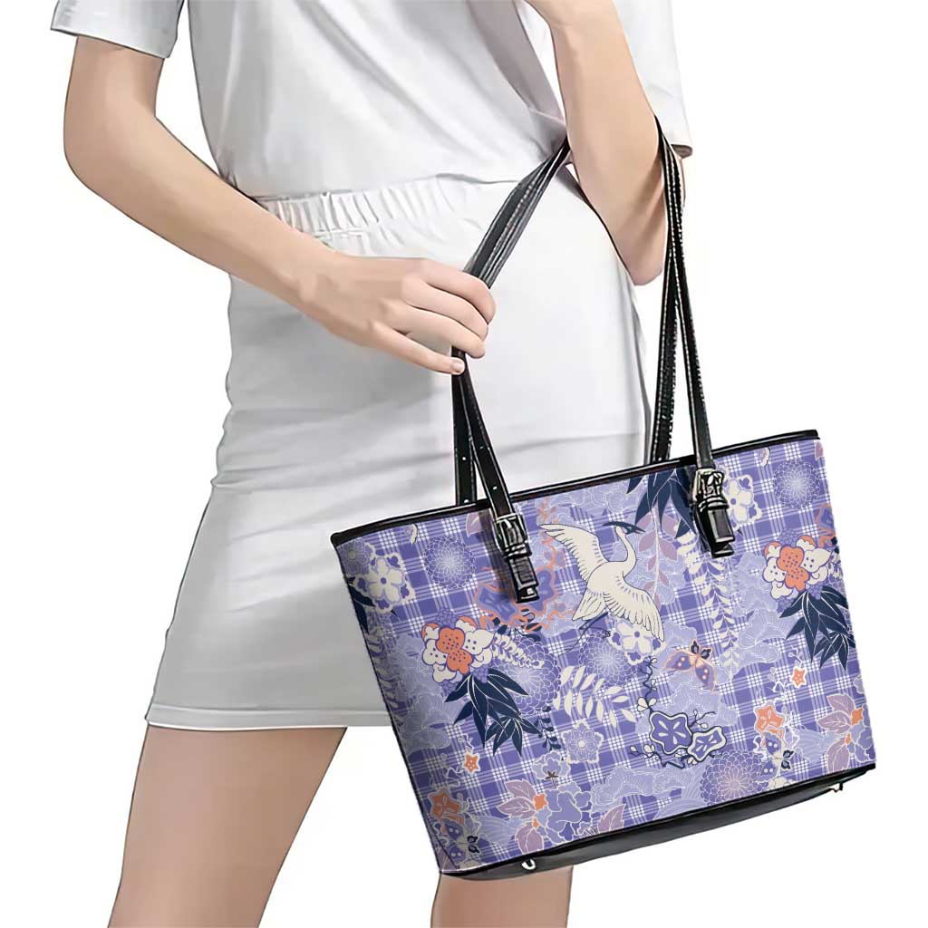 Purple Palaka Crane and Flowers Leather Tote Bag Japan Heritage Spirit - Polynesian Pride