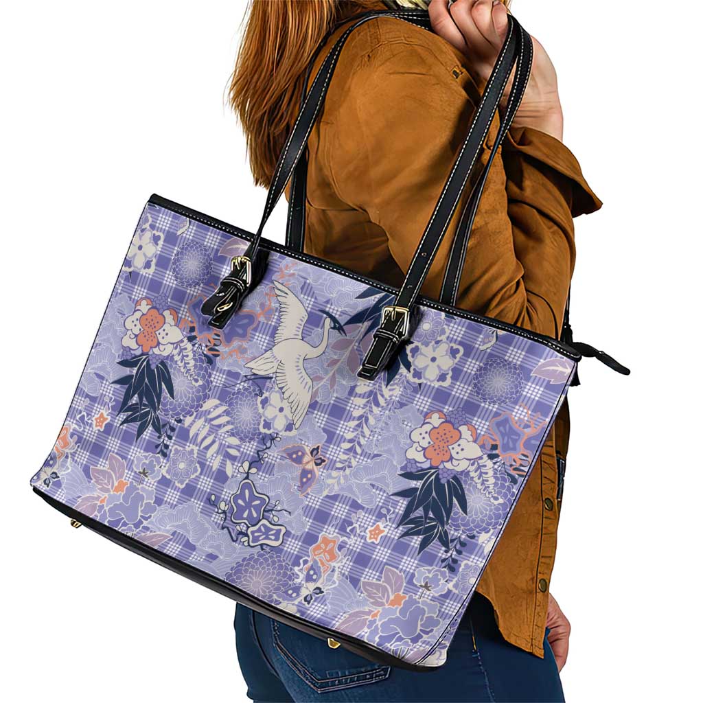 Purple Palaka Crane and Flowers Leather Tote Bag Japan Heritage Spirit - Polynesian Pride