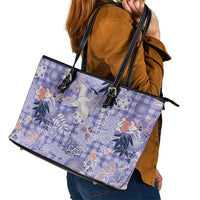 Purple Palaka Crane and Flowers Leather Tote Bag Japan Heritage Spirit - Polynesian Pride
