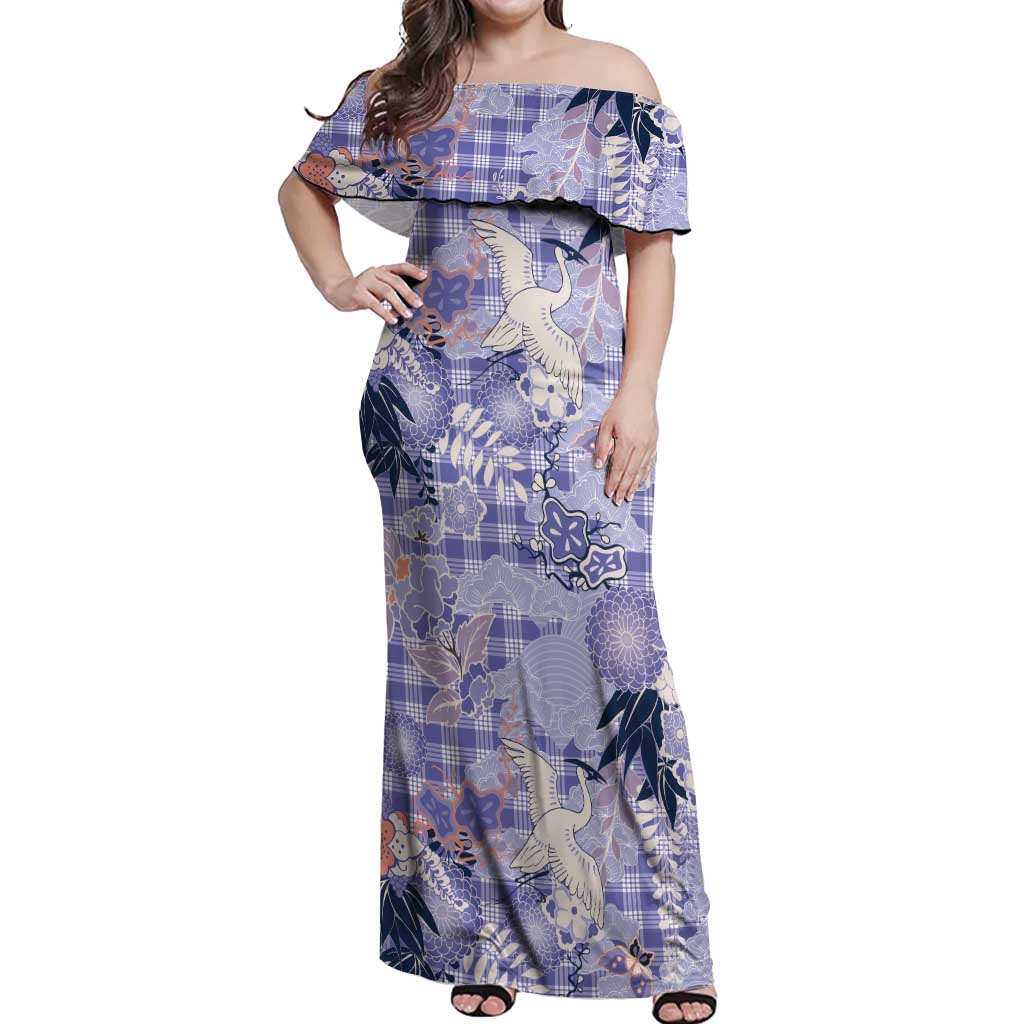Purple Palaka Crane and Flowers Off Shoulder Maxi Dress Japan Heritage Spirit - Polynesian Pride