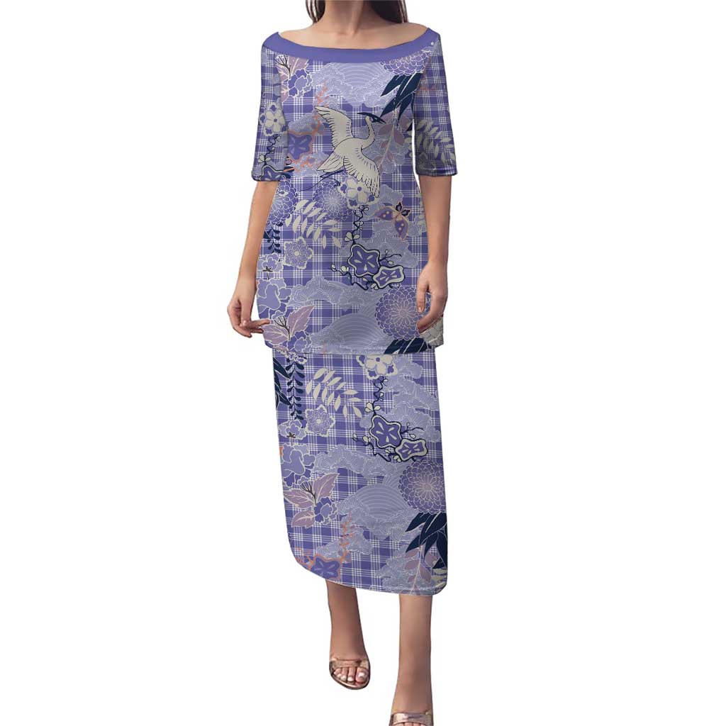 Purple Palaka Crane and Flowers Puletasi Japan Heritage Spirit - Polynesian Pride