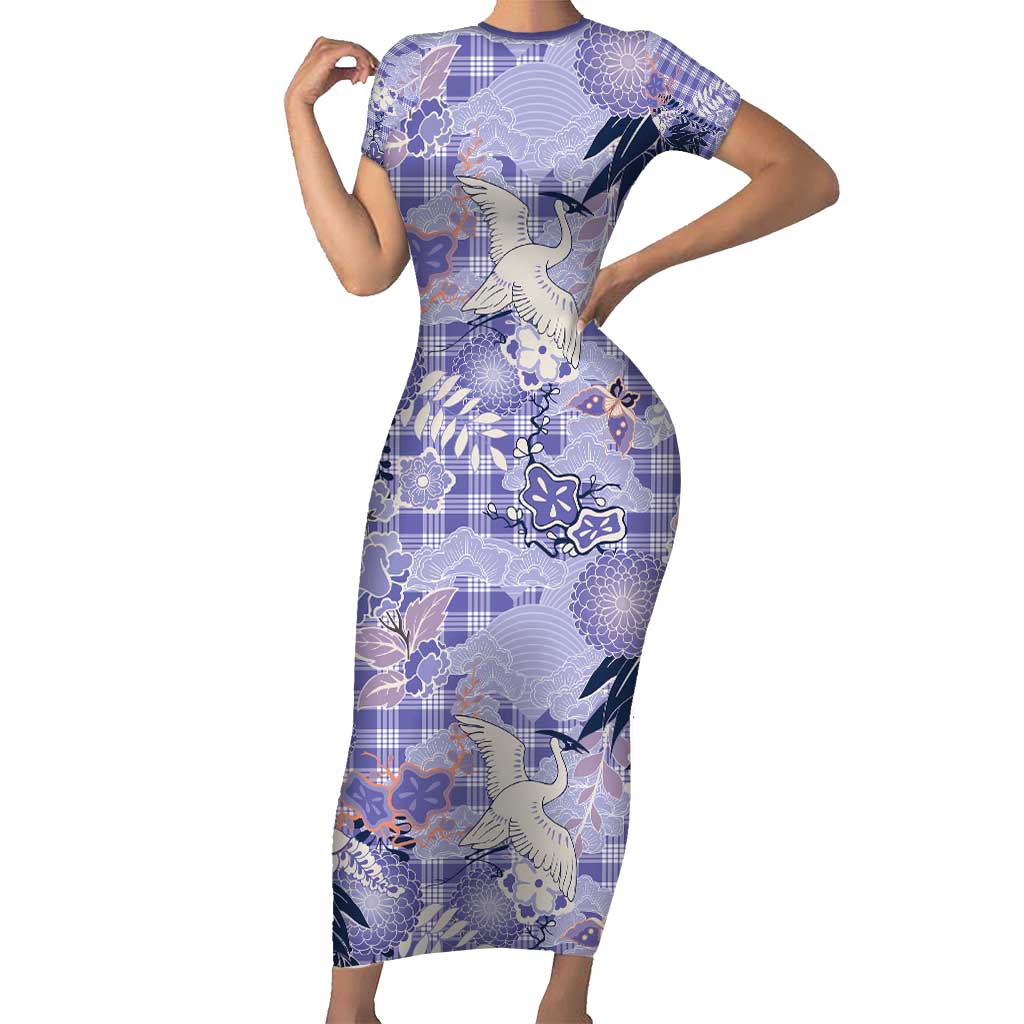 Purple Palaka Crane and Flowers Short Sleeve Bodycon Dress Japan Heritage Spirit LT9 Long Dress Purple - Polynesian Pride