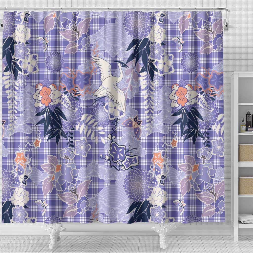 Purple Palaka Crane and Flowers Shower Curtain Japan Heritage Spirit - Polynesian Pride