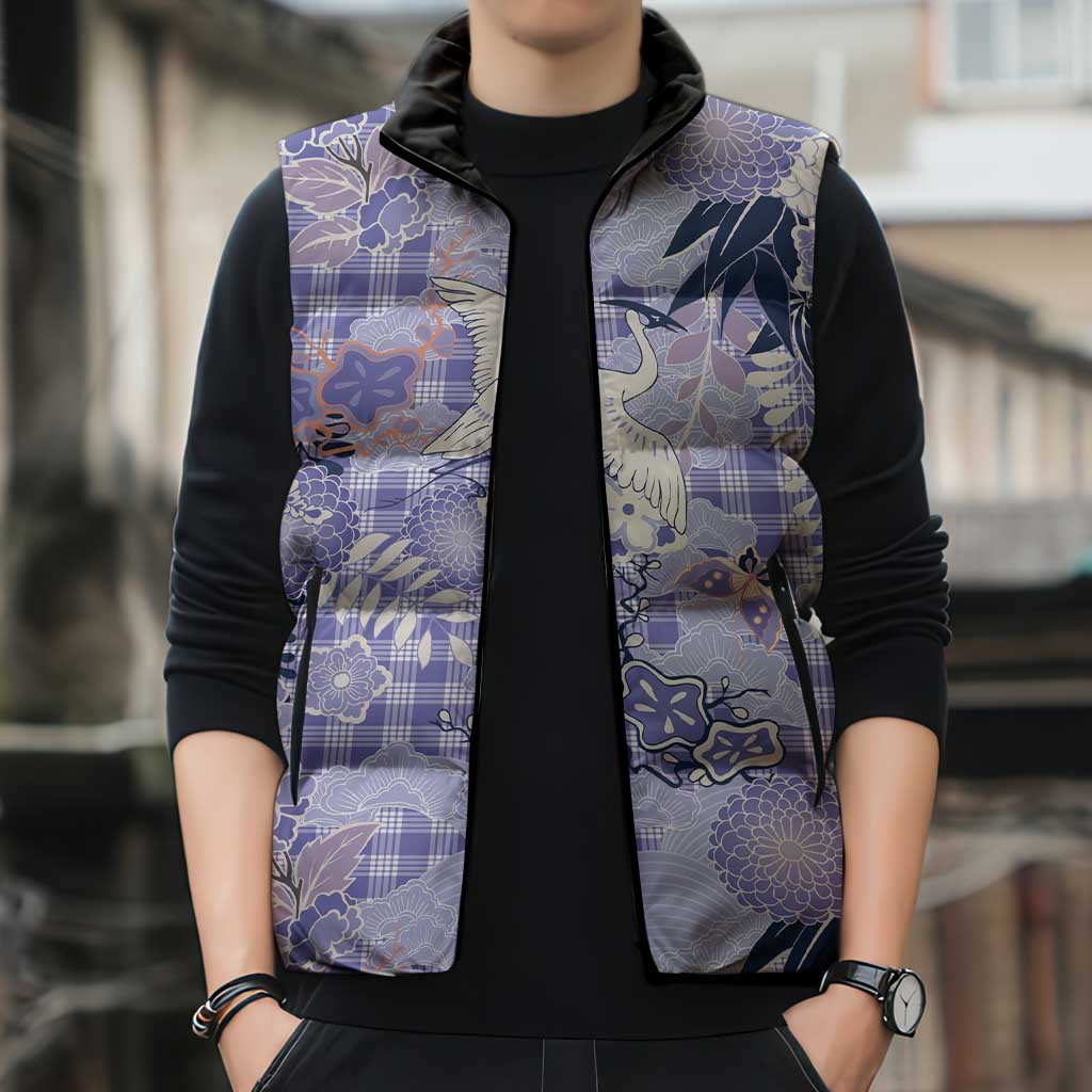 Purple Palaka Crane and Flowers Sleeveless Puffer Jacket Japan Heritage Spirit - Polynesian Pride