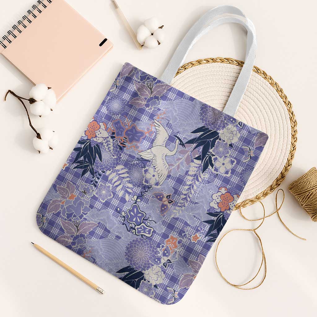 Purple Palaka Crane and Flowers Tote Bag Japan Heritage Spirit - Polynesian Pride