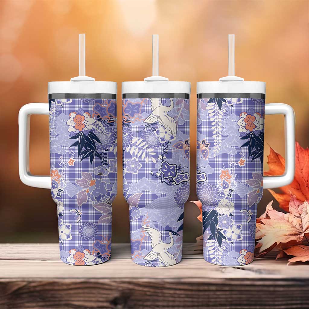 Purple Palaka Crane and Flowers Tumbler With Handle Japan Heritage Spirit - Polynesian Pride