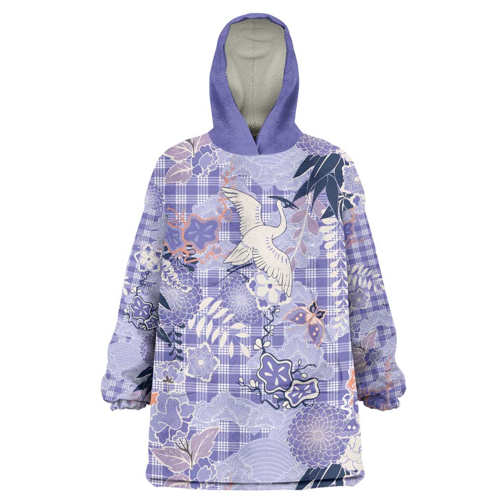 Purple Palaka Crane and Flowers Wearable Blanket Hoodie Japan Heritage Spirit - Polynesian Pride