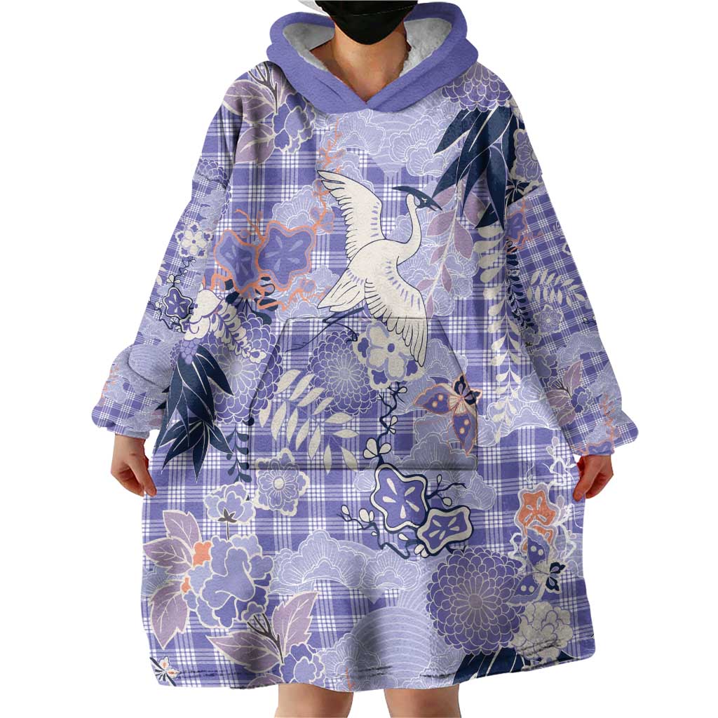 Purple Palaka Crane and Flowers Wearable Blanket Hoodie Japan Heritage Spirit - Polynesian Pride