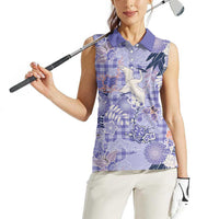 Purple Palaka Crane and Flowers Women Sleeveless Polo Shirt Japan Heritage Spirit - Polynesian Pride