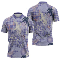 Purple Palaka Crane and Flowers Zipper Polo Shirt Japan Heritage Spirit - Polynesian Pride
