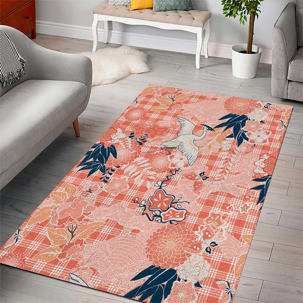 Red Palaka Crane and Flowers Area Rug Japan Heritage Spirit - Polynesian Pride