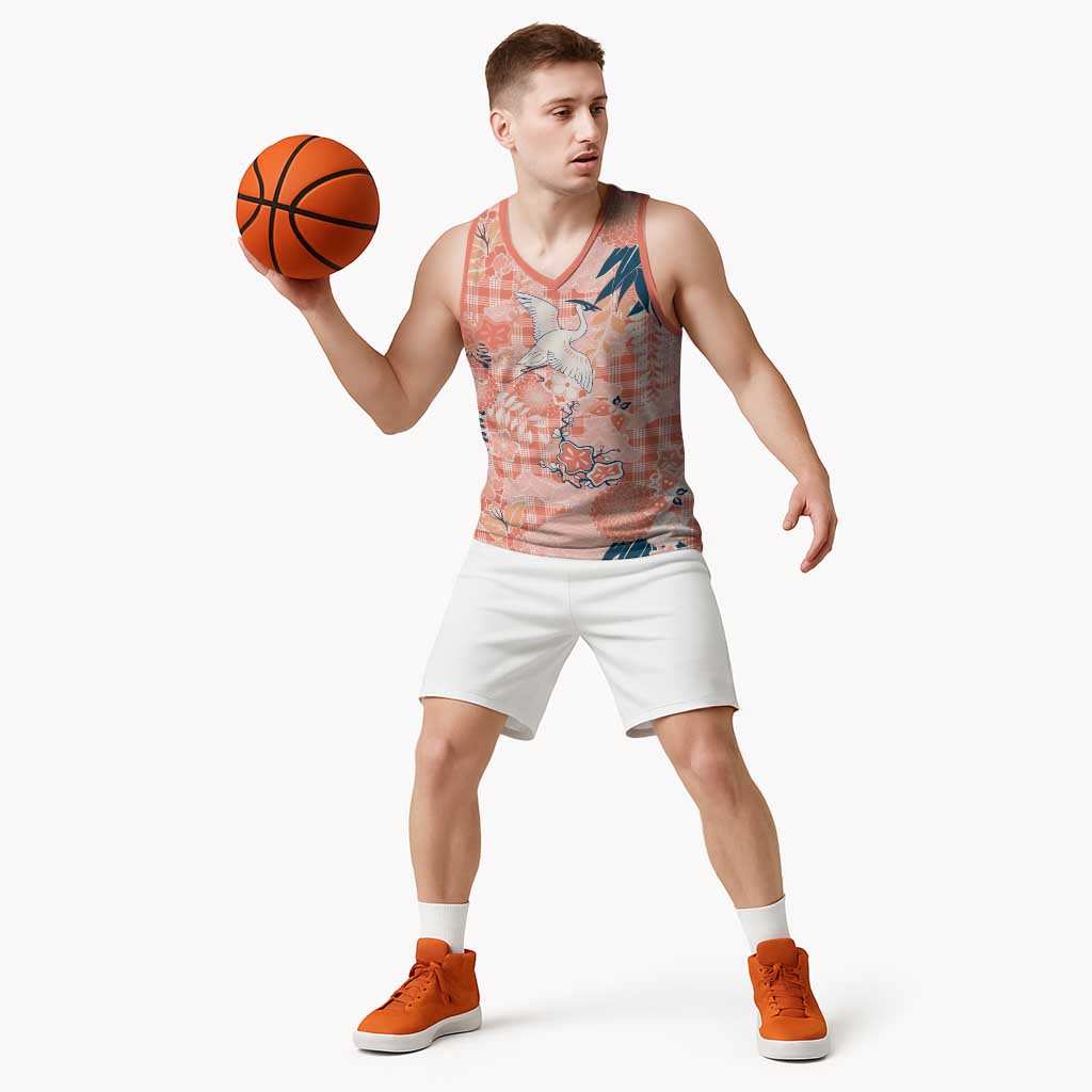 Red Palaka Crane and Flowers Basketball Jersey Japan Heritage Spirit - Polynesian Pride