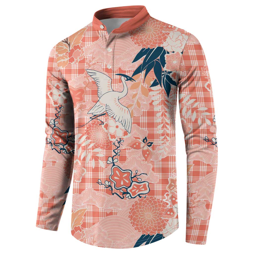 Red Palaka Crane and Flowers Button Sweatshirt Japan Heritage Spirit - Polynesian Pride