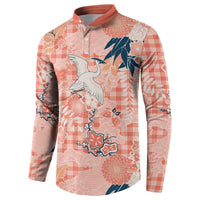 Red Palaka Crane and Flowers Button Sweatshirt Japan Heritage Spirit - Polynesian Pride