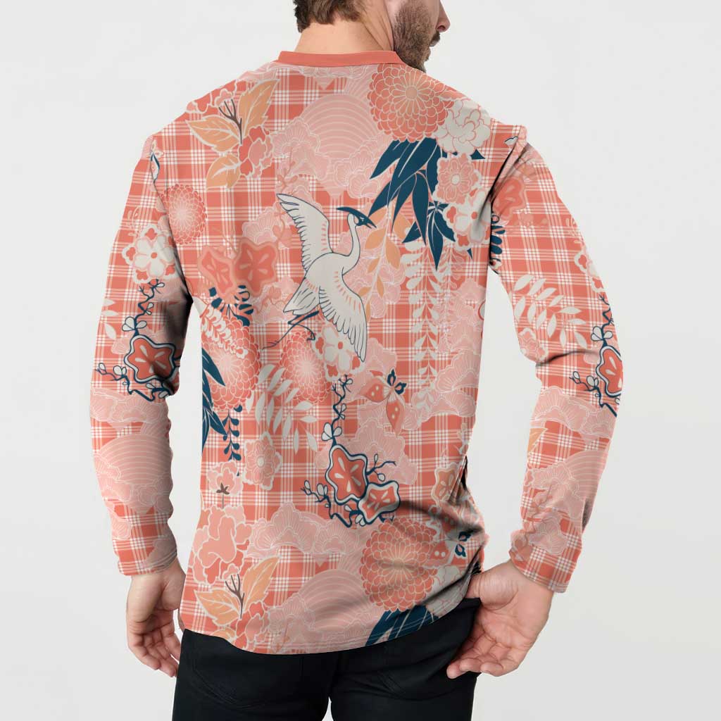 Red Palaka Crane and Flowers Button Sweatshirt Japan Heritage Spirit - Polynesian Pride