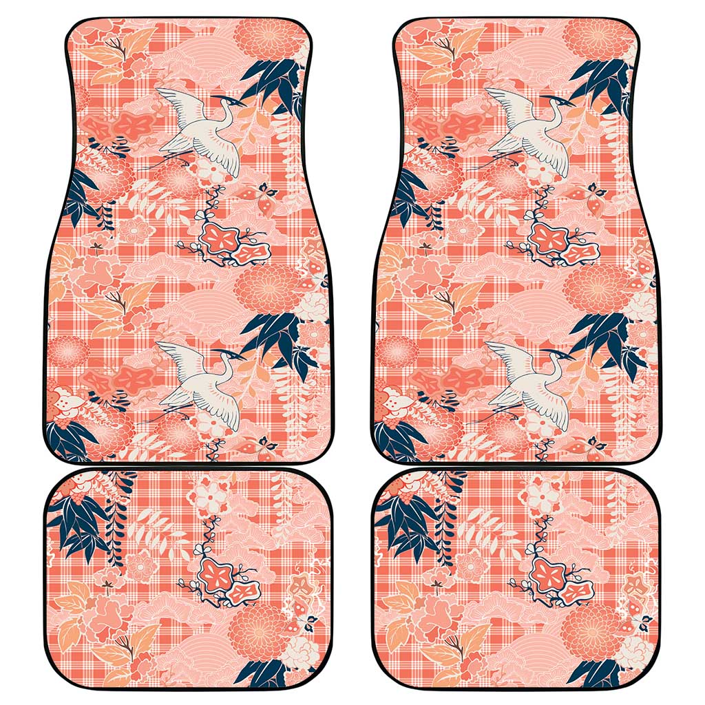 Red Palaka Crane and Flowers Car Mats Japan Heritage Spirit - Polynesian Pride