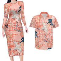 Red Palaka Crane and Flowers Couples Matching Long Sleeve Bodycon Dress and Hawaiian Shirt Japan Heritage Spirit - Polynesian Pride