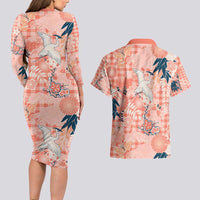 Red Palaka Crane and Flowers Couples Matching Long Sleeve Bodycon Dress and Hawaiian Shirt Japan Heritage Spirit - Polynesian Pride