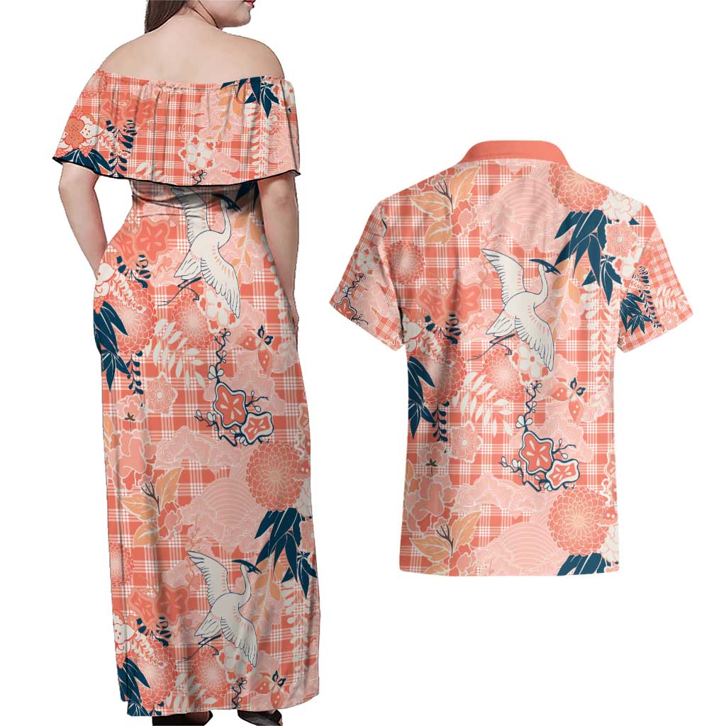 Red Palaka Crane and Flowers Couples Matching Off Shoulder Maxi Dress and Hawaiian Shirt Japan Heritage Spirit - Polynesian Pride