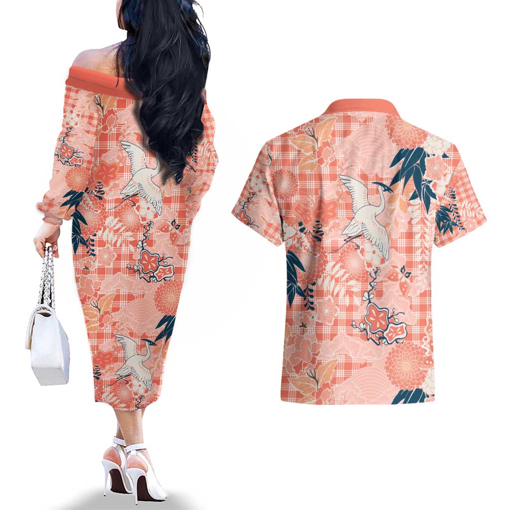 Red Palaka Crane and Flowers Couples Matching Off The Shoulder Long Sleeve Dress and Hawaiian Shirt Japan Heritage Spirit - Polynesian Pride