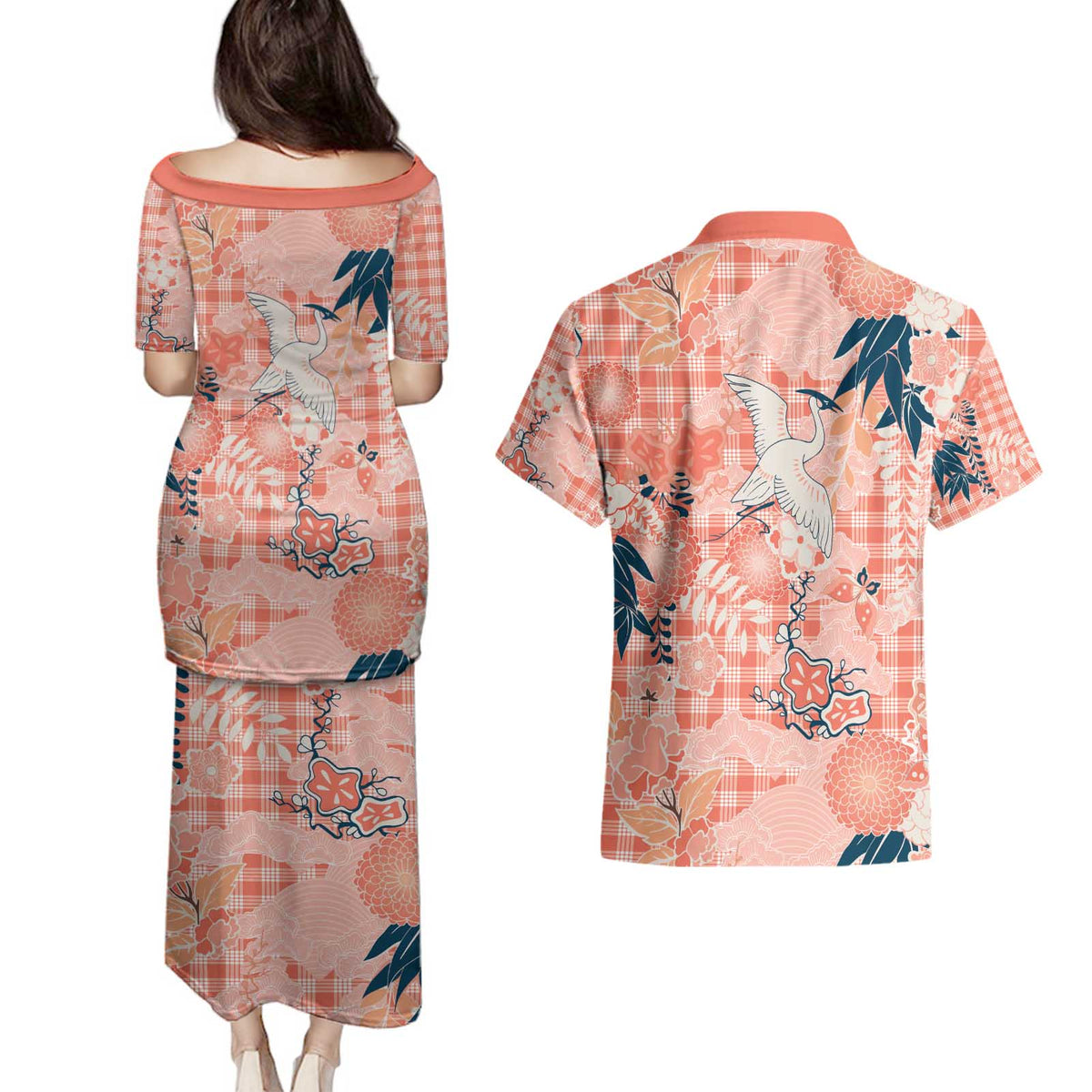 Red Palaka Crane and Flowers Couples Matching Puletasi and Hawaiian Shirt Japan Heritage Spirit LT9 - Polynesian Pride