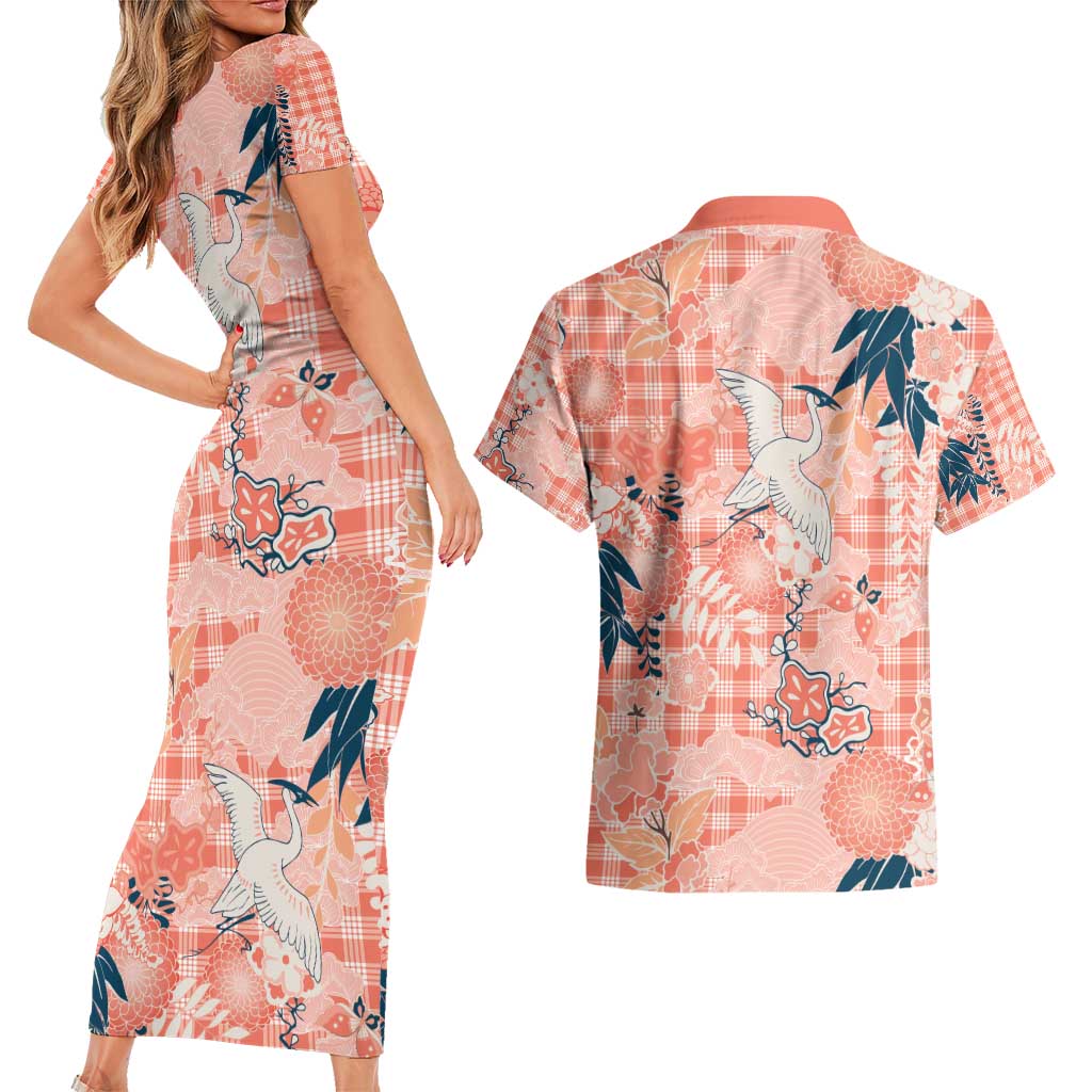 Red Palaka Crane and Flowers Couples Matching Short Sleeve Bodycon Dress and Hawaiian Shirt Japan Heritage Spirit - Polynesian Pride